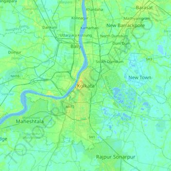 Kolkata topographic map, elevation, relief