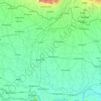 Topographic Map Of Bihar Saharsa Topographic Map, Elevation, Relief