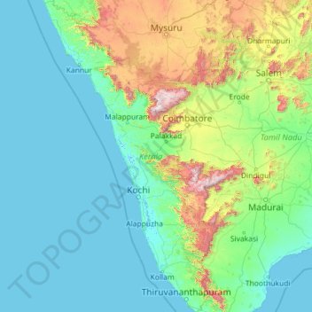 Kerala topographic map, elevation, relief