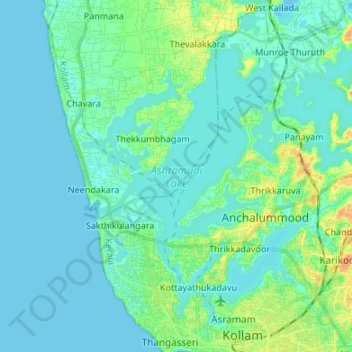 Ashtamudi Lake topographic map, elevation, relief