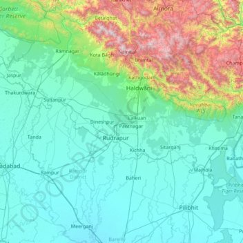 Udham Singh Nagar topographic map, elevation, relief