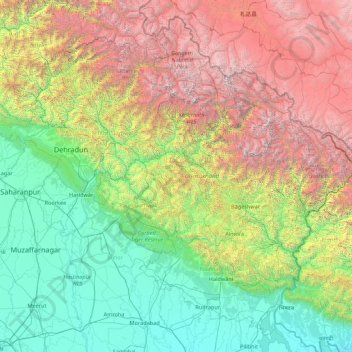 Uttarakhand topographic map, elevation, relief