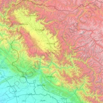 Jammu and Kashmir topographic map, elevation, relief