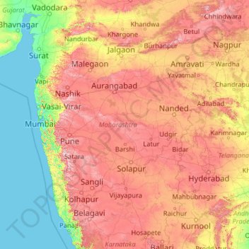 Maharashtra topographic map, elevation, relief