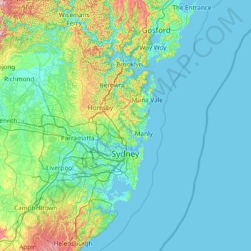 Sydney topographic map, elevation, relief