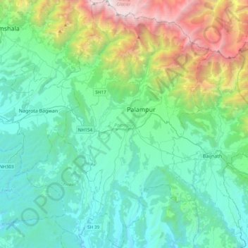 Palampur topographic map, elevation, relief